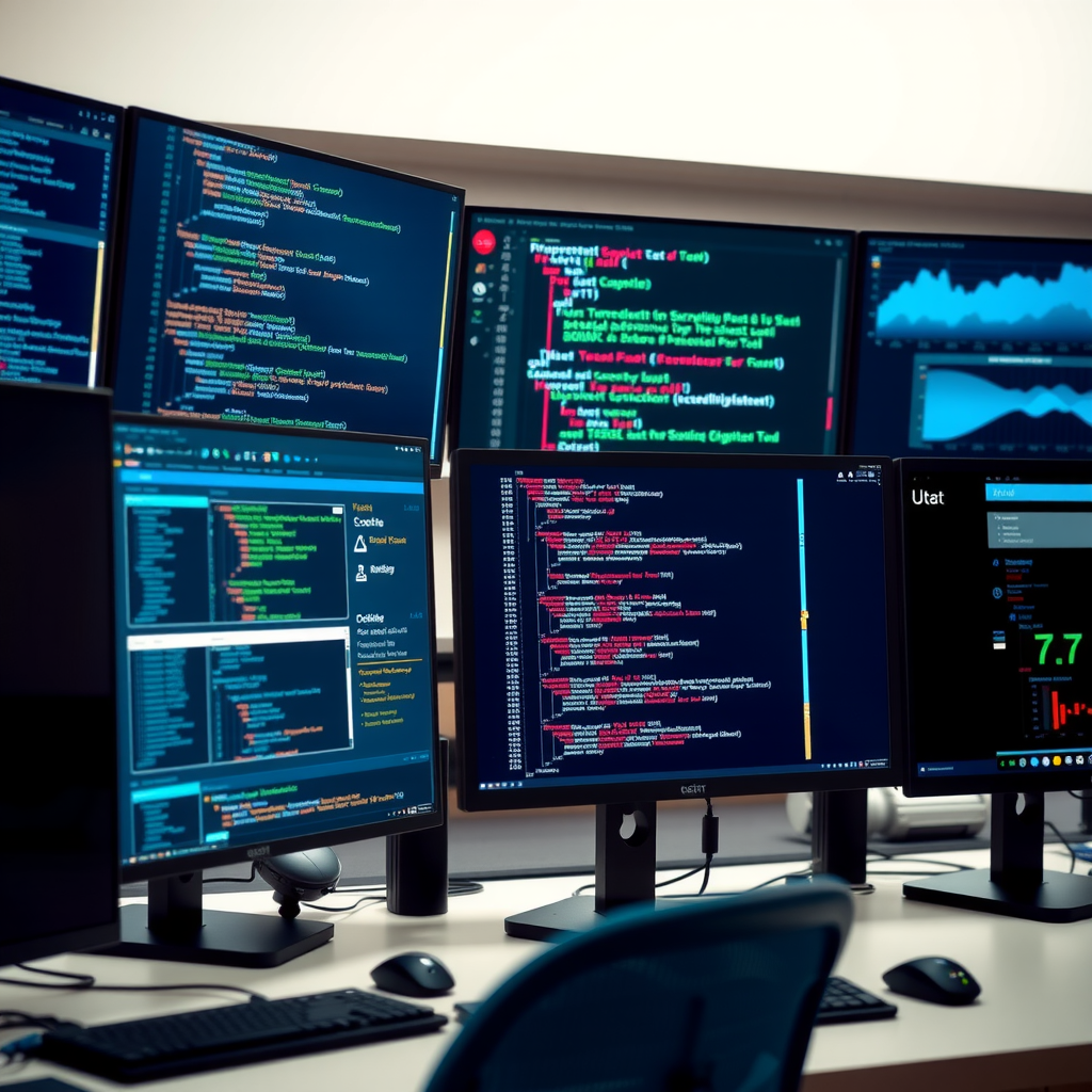 Modern technology workspace with multiple monitors displaying code, hardware components, and digital interfaces representing IT innovation and development