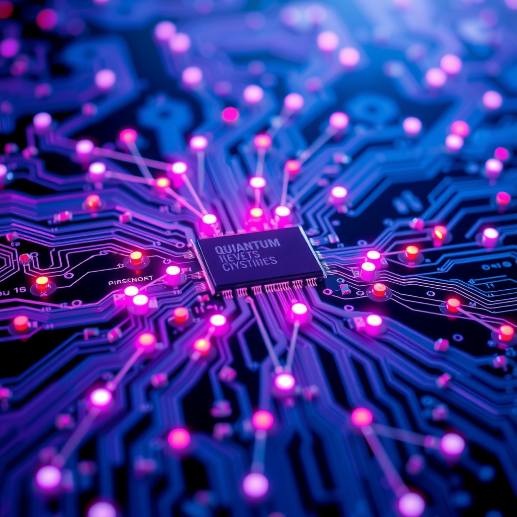 Abstract visualization of quantum computing circuit board with glowing qubits, interconnected nodes, and blue-purple gradient representing quantum states and superposition in modern technology