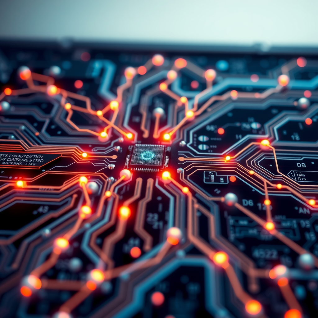 Abstract visualization of quantum computing circuit board with glowing qubits and interconnected pathways representing quantum entanglement and superposition states in a futuristic technological environment