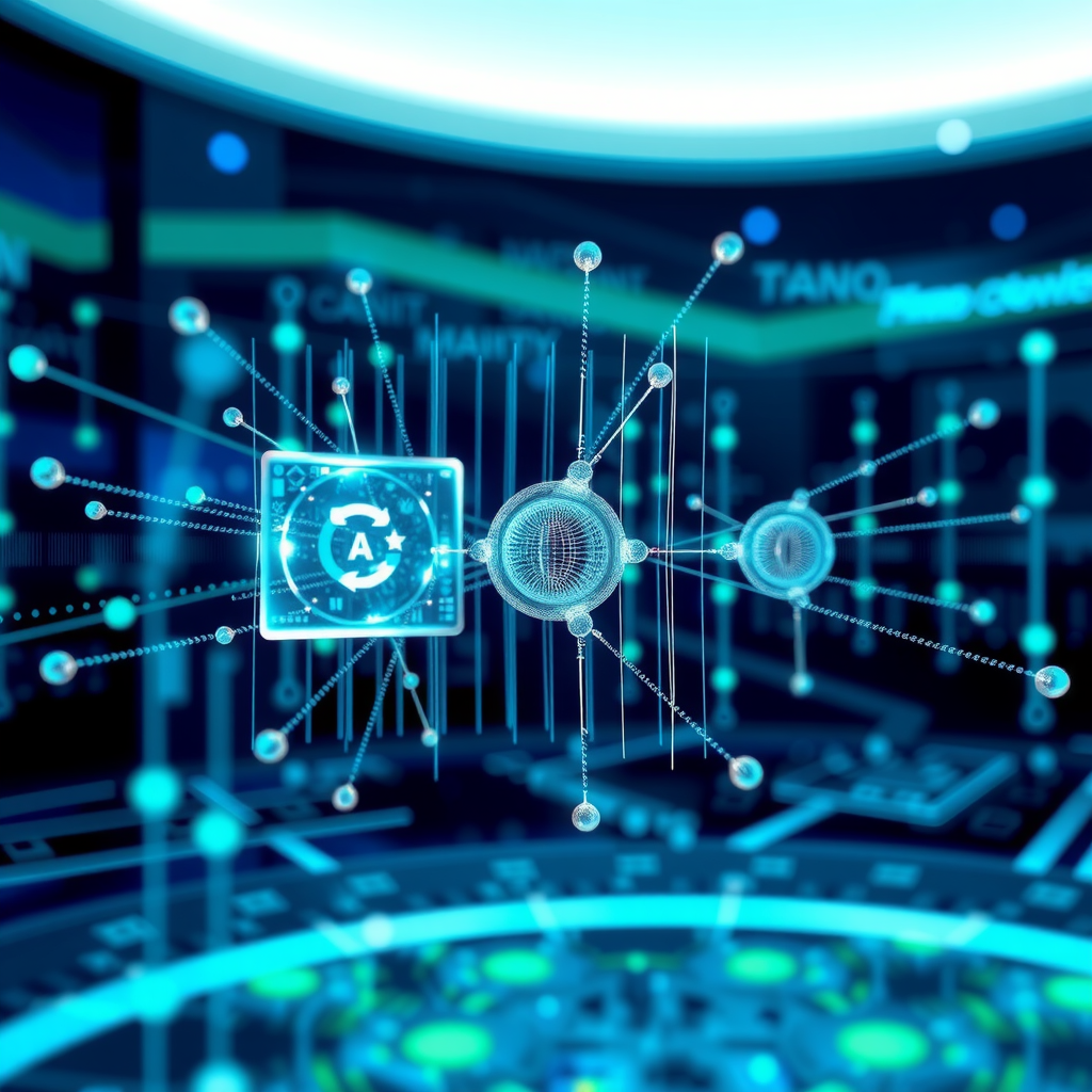 Abstract visualization of quantum computing showing qubits, quantum gates, and entangled particles in a futuristic technological environment with glowing blue and green light effects