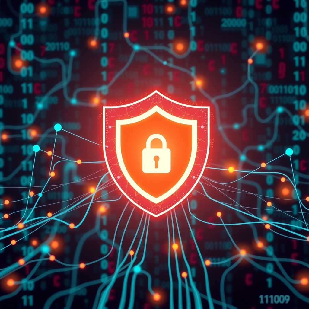 Digital cybersecurity concept showing a glowing shield protecting network nodes and data streams against cyber threats, with binary code and security icons in the background