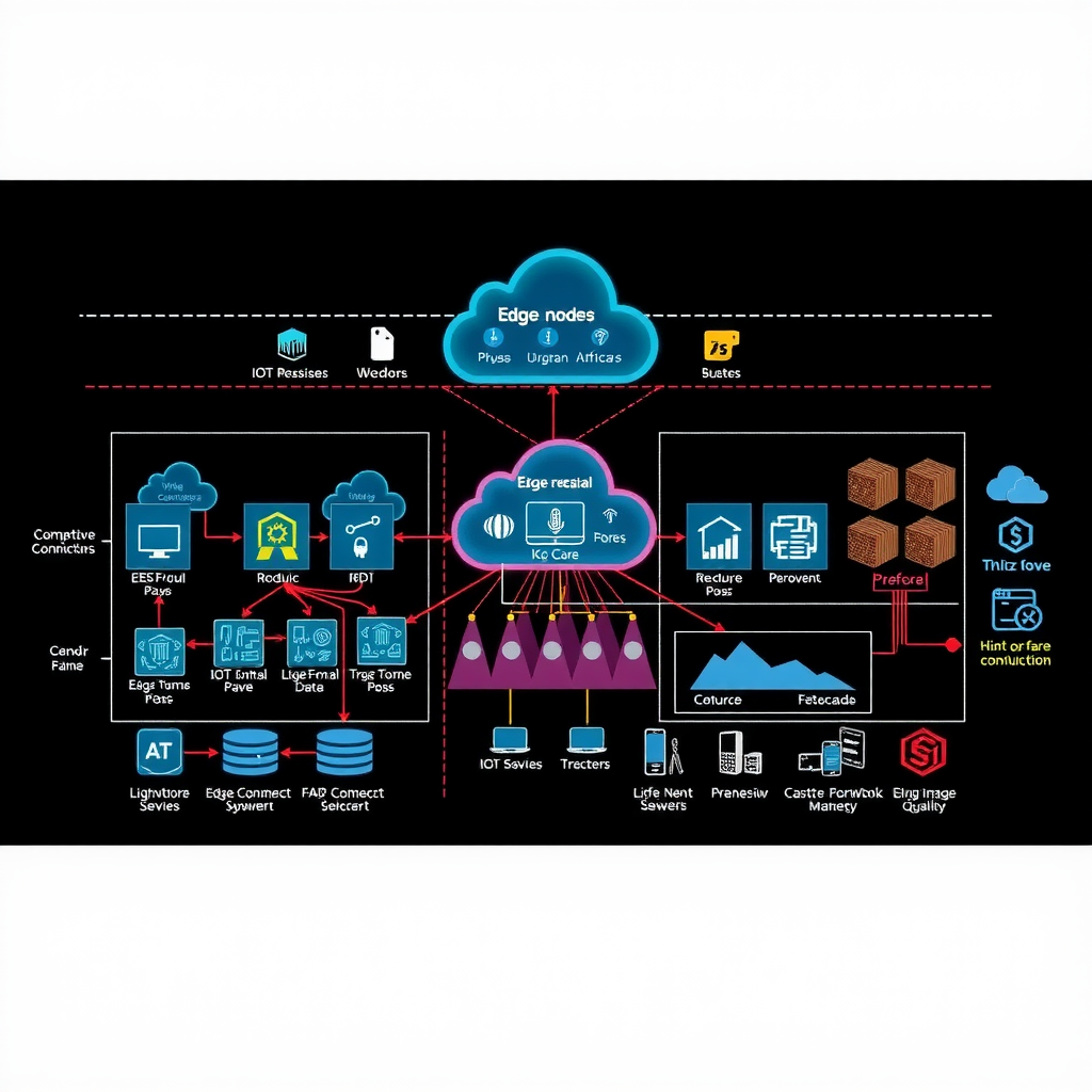 Detailed network architecture diagram illustrating edge computing infrastructure with multiple edge nodes, IoT devices, and cloud connectivity showing data flow and processing distribution