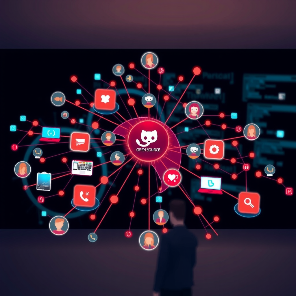 Digital illustration showing interconnected nodes and developers collaborating on open source projects, with code symbols, GitHub-style interfaces, and community icons representing the global open source ecosystem