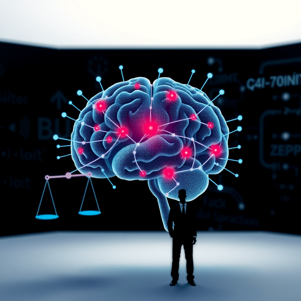Conceptual illustration of AI ethics showing a digital brain with interconnected nodes representing ethical decision pathways, balanced scales symbolizing fairness, and human silhouettes demonstrating the societal impact of artificial intelligence systems