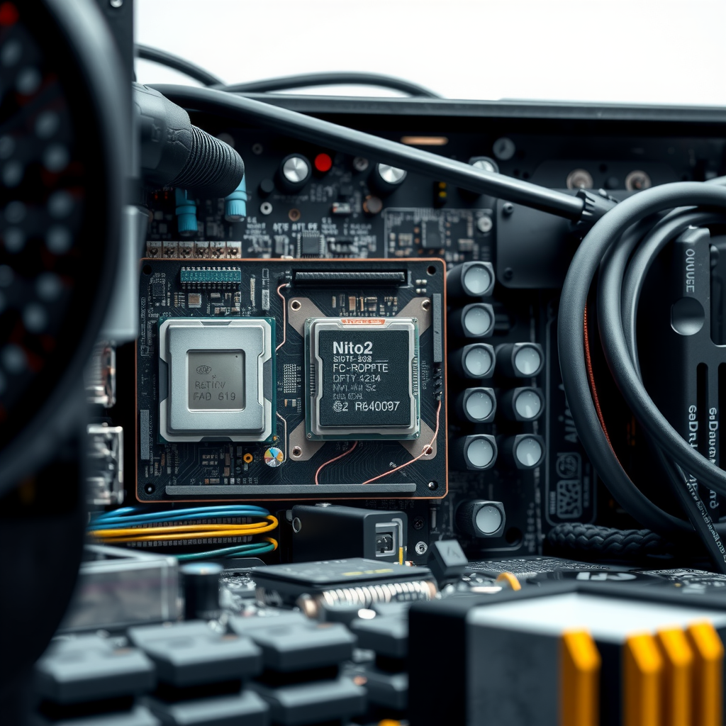 Close-up view of computer hardware components including processors, circuit boards, and networking equipment showcasing modern IT infrastructure