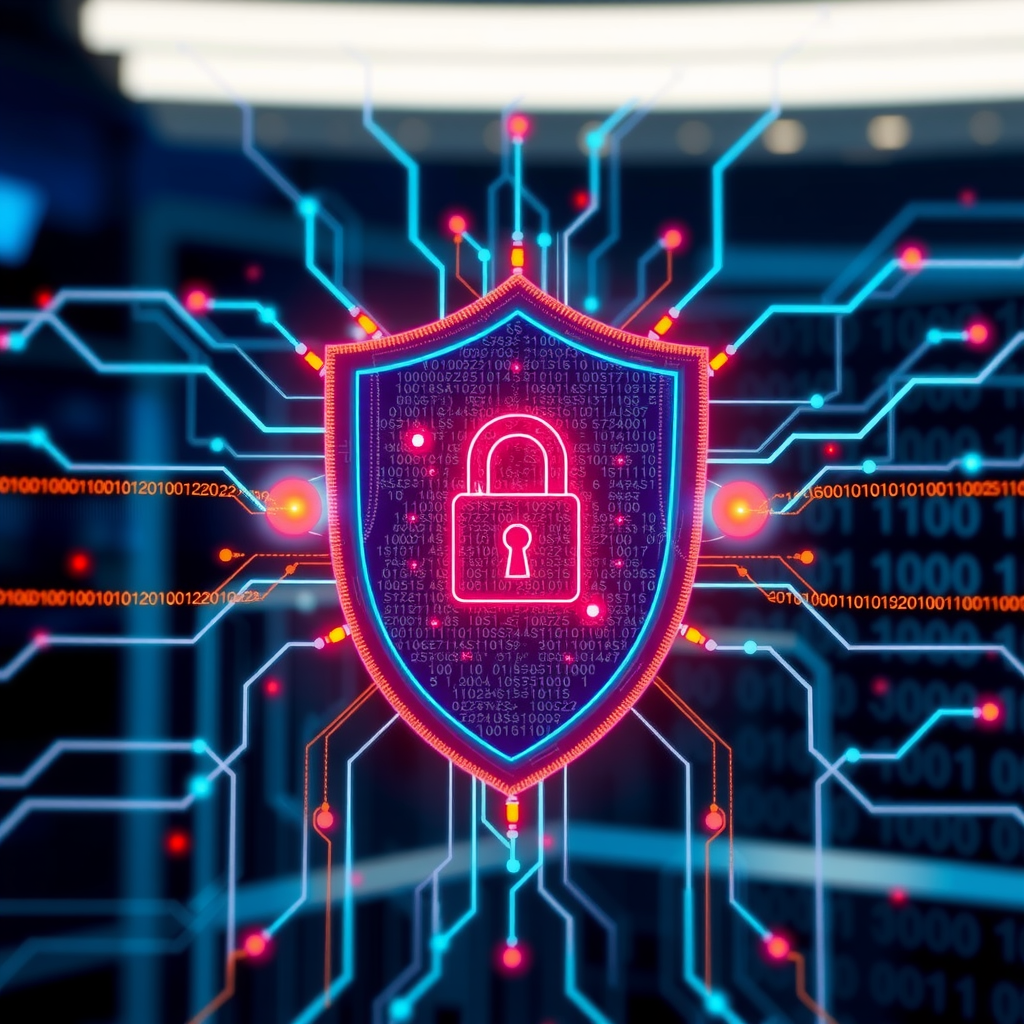 Digital shield protecting network infrastructure with glowing firewall elements, binary code streams, and security lock symbols representing modern cybersecurity defense systems and threat protection