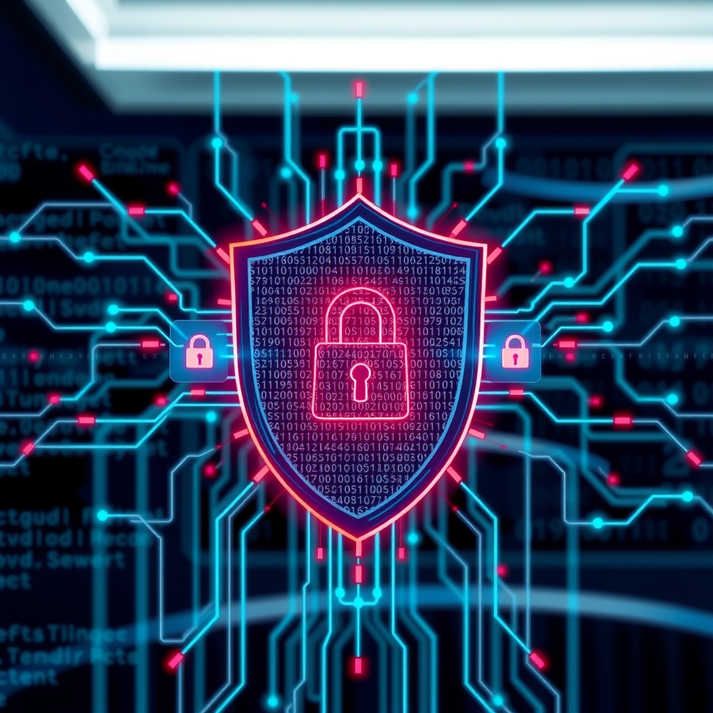 Digital shield protecting network infrastructure with binary code streams, firewall visualization, and security lock symbols representing modern cybersecurity defense mechanisms against cyber threats
