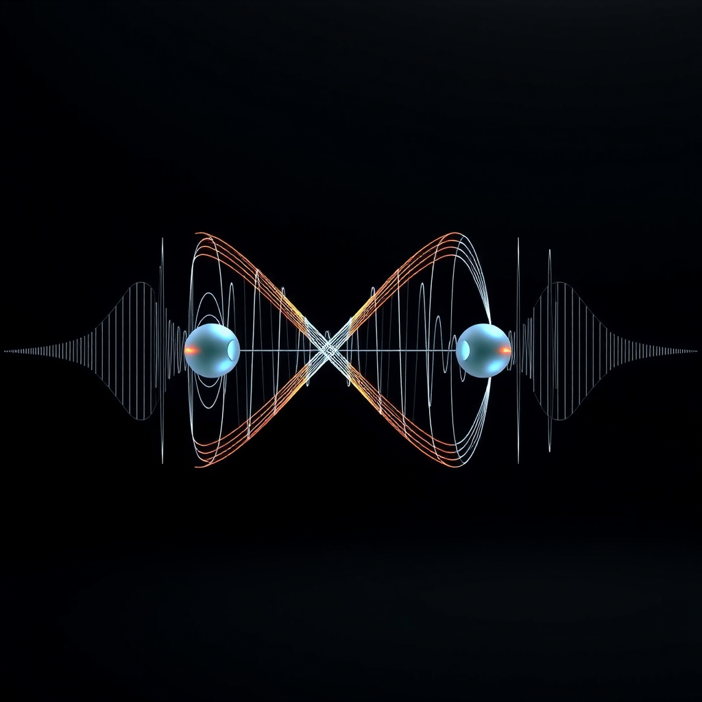 Scientific diagram illustrating quantum entanglement between two qubits with connecting lines and wave patterns showing their correlated states in a clean, educational style