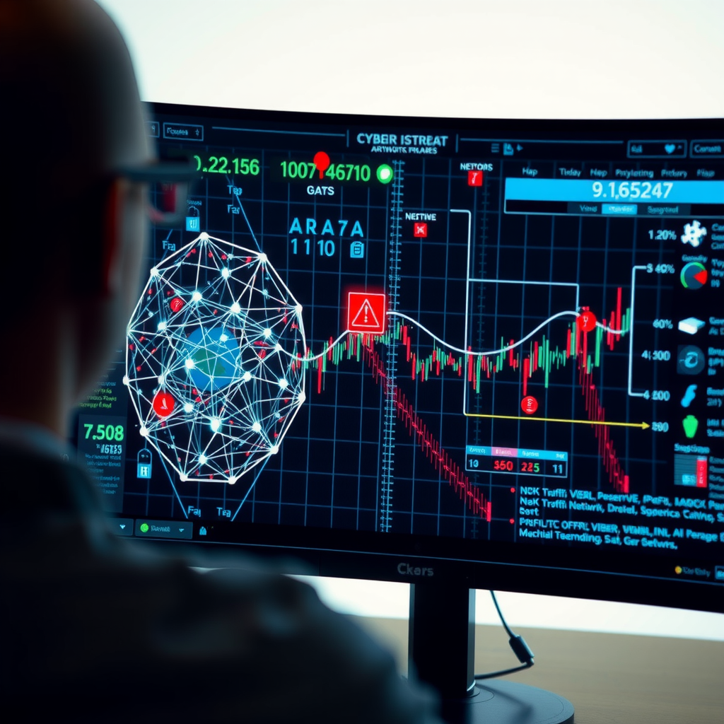 Visualization of artificial intelligence analyzing network traffic patterns and identifying potential cyber threats through machine learning algorithms and neural networks