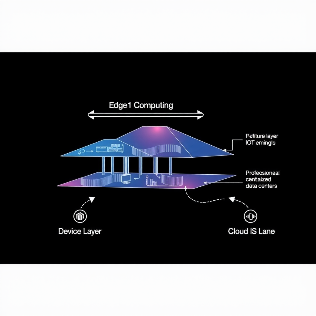 Layered architecture diagram of edge computing showing the device layer with IoT sensors, edge layer with local processing nodes, and cloud layer with centralized data centers, connected by bidirectional data flow arrows