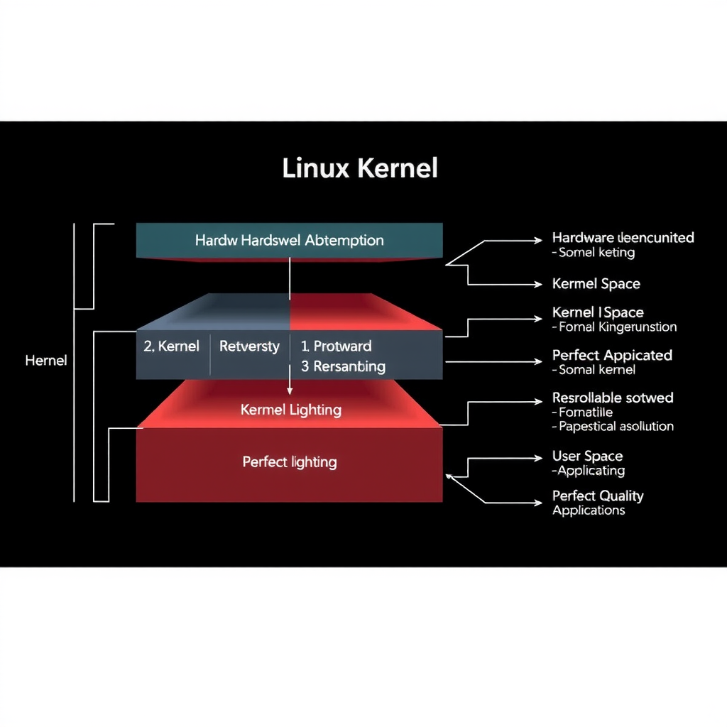 Technical diagram showing the Linux kernel architecture with layers including hardware abstraction, kernel space, system calls, and user space applications, illustrating the modular design of the world's most successful open source project