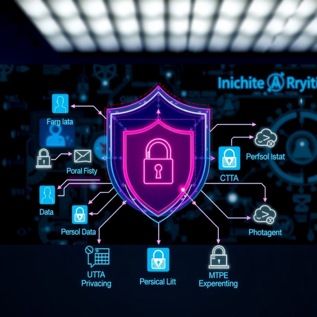 Visualization of data privacy in AI systems showing a protective shield surrounding personal data icons, encrypted network connections, and secure data flow diagrams illustrating how privacy protection mechanisms work in machine learning applications