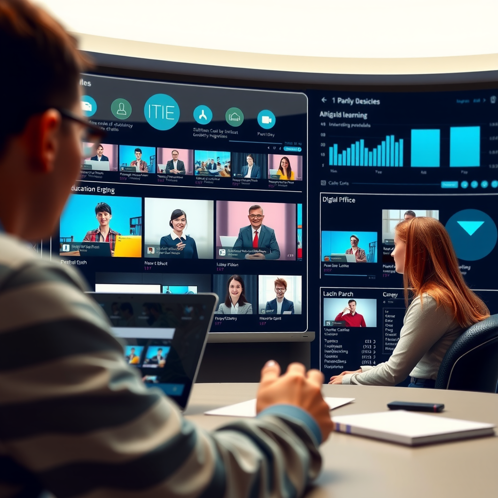 Digital learning environment showing educational technology platforms, online courses, and interactive learning tools for IT education