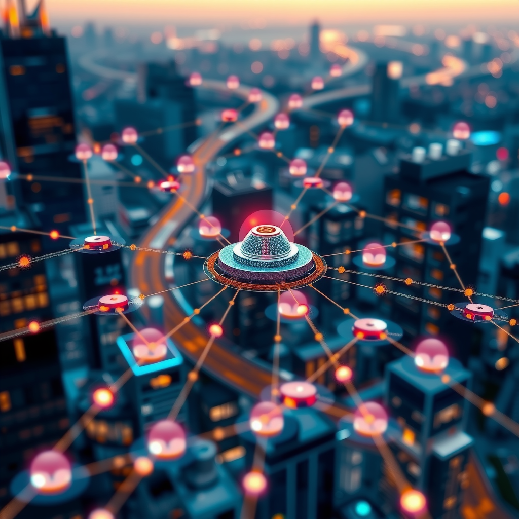 Distributed edge computing network visualization showing connected IoT devices, data nodes at network edges, and information flow between cloud and edge servers in smart city infrastructure
