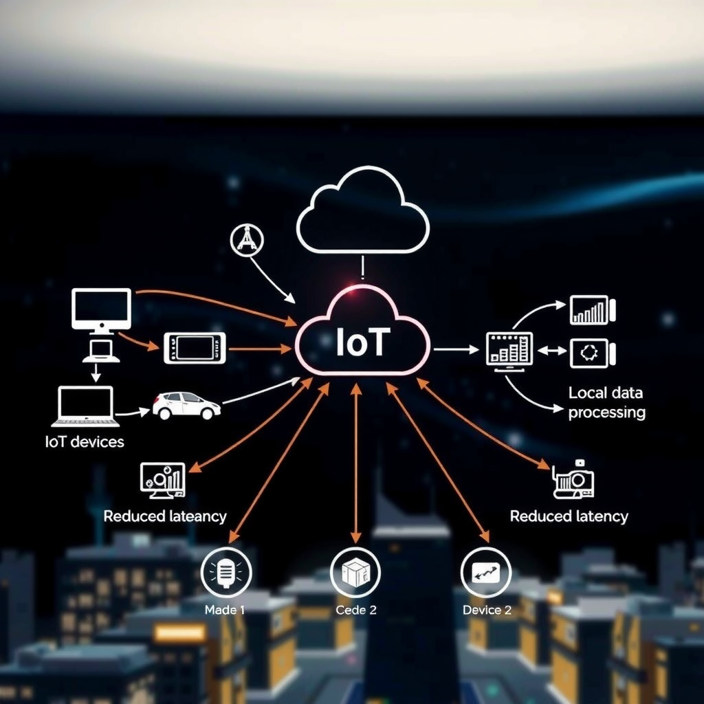 Distributed edge computing network diagram showing IoT devices, local data processing nodes, and cloud connectivity with data flow arrows illustrating reduced latency in smart city infrastructure