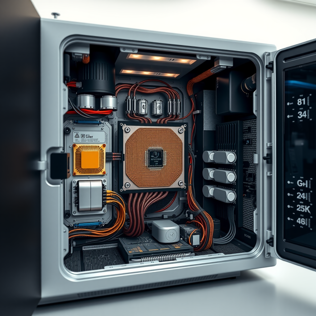 Interior view of a quantum computer showing the dilution refrigerator, gold-plated quantum chip, and complex wiring systems in a high-tech laboratory environment