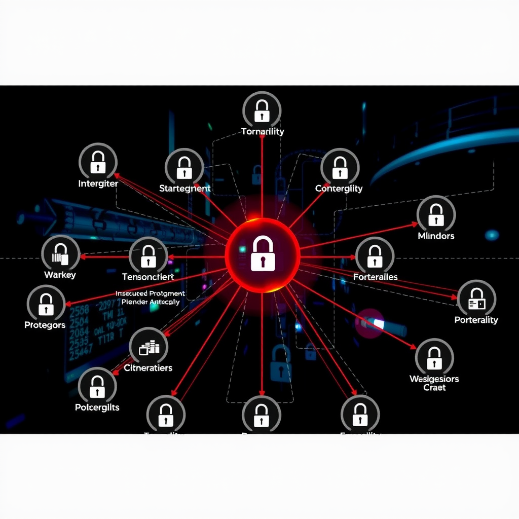 Interconnected network diagram showing supply chain relationships between vendors, software providers, and organizations with security checkpoints and vulnerability indicators