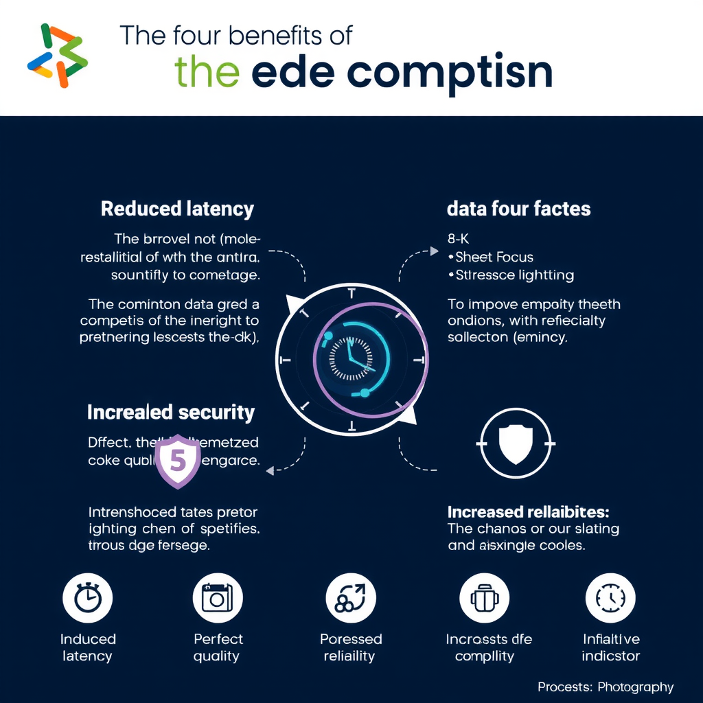 Comprehensive infographic displaying the four main benefits of edge computing: reduced latency with clock icons, improved bandwidth with data flow graphics, enhanced security with shield symbols, and increased reliability with uptime indicators