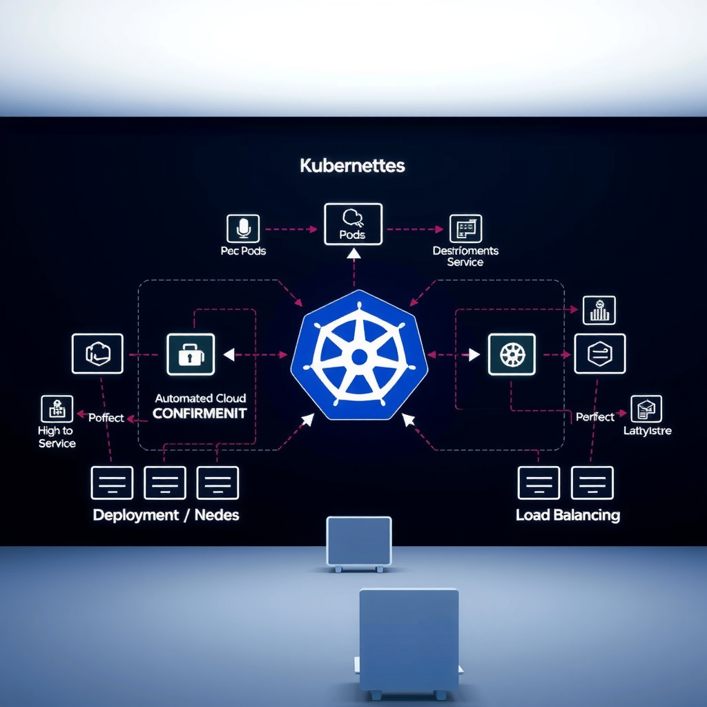 Conceptual visualization of Kubernetes container orchestration showing pods, services, deployments, and nodes in a distributed cloud environment with automated scaling and load balancing