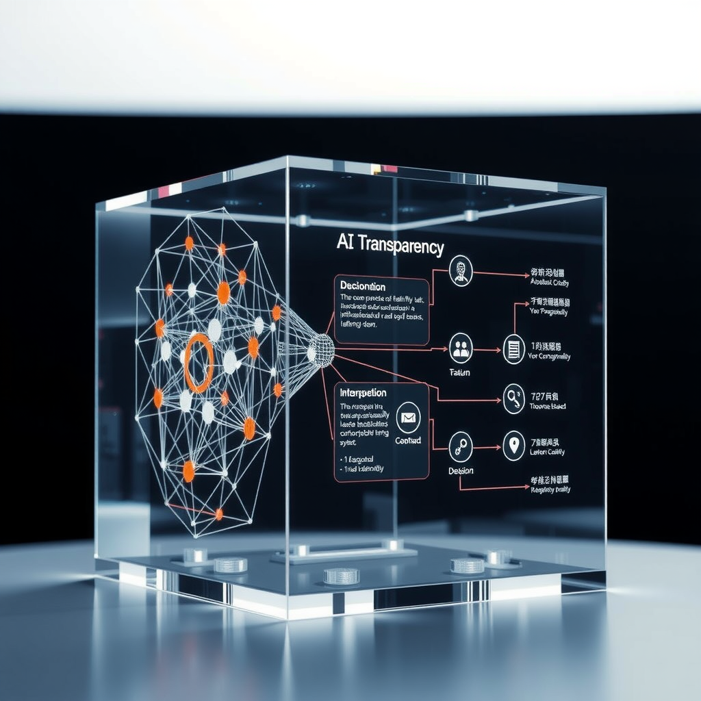 Conceptual representation of AI transparency featuring a transparent glass cube containing visible neural network layers, decision tree structures, and user-friendly explanation interfaces that demonstrate how interpretable AI systems make their decisions understandable to humans
