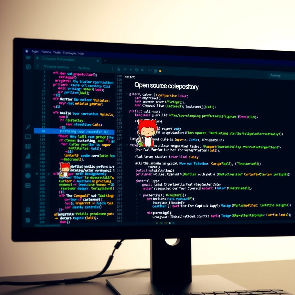 Computer screen displaying open source code repository with collaboration symbols, GitHub-style interface, and multiple contributors working together on software development project with branching code structure