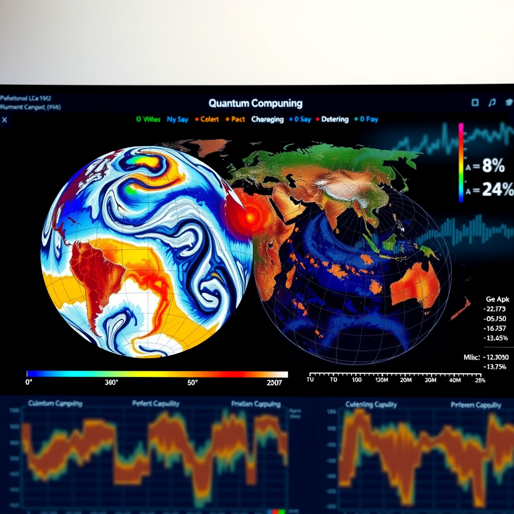 Data visualization showing climate modeling with quantum computing, featuring global temperature maps, atmospheric patterns, and computational graphs in scientific style