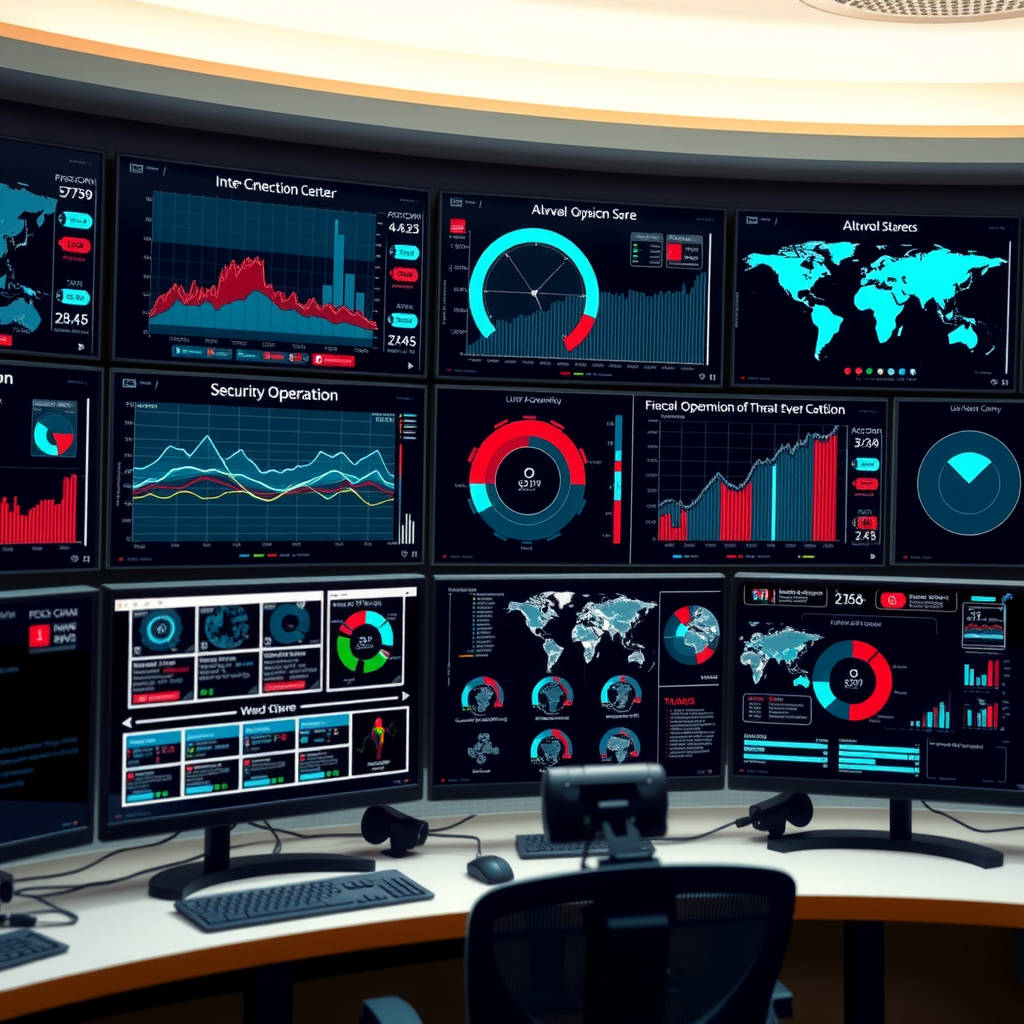 Security operations center dashboard displaying real-time threat detection metrics, network traffic analysis, and incident response workflows with multiple monitoring screens