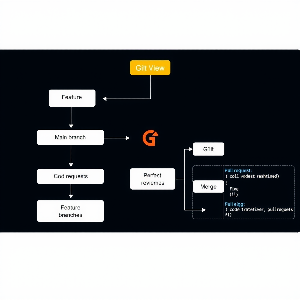 Flowchart showing Git branching strategy with main branch, feature branches, pull requests, code reviews, and merge processes illustrating collaborative open source development workflow