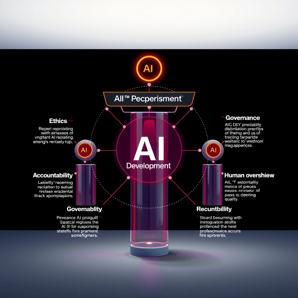 Visual framework for responsible AI development showing interconnected pillars representing key principles: ethics, governance, accountability, and human oversight, with connecting elements illustrating how these components work together to create trustworthy AI systems