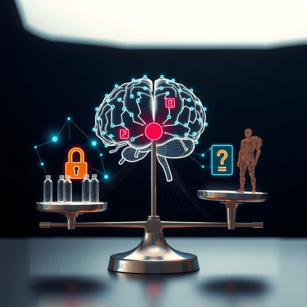 Conceptual image of balanced scales weighing artificial intelligence brain network against human ethical values, with transparent data streams and privacy symbols representing responsible AI development considerations