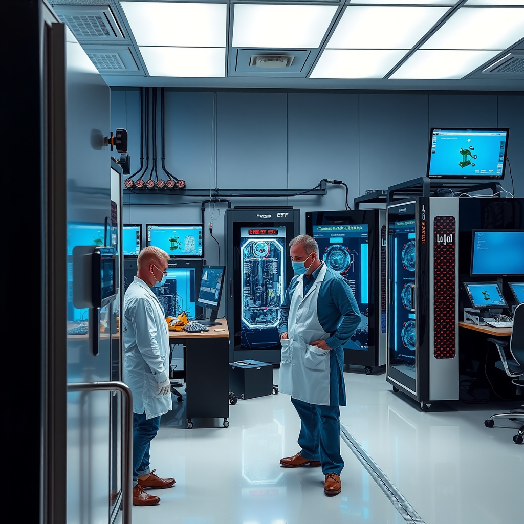 Modern quantum computing research laboratory with scientists working on quantum hardware, showing cryogenic equipment, control systems, and monitoring displays