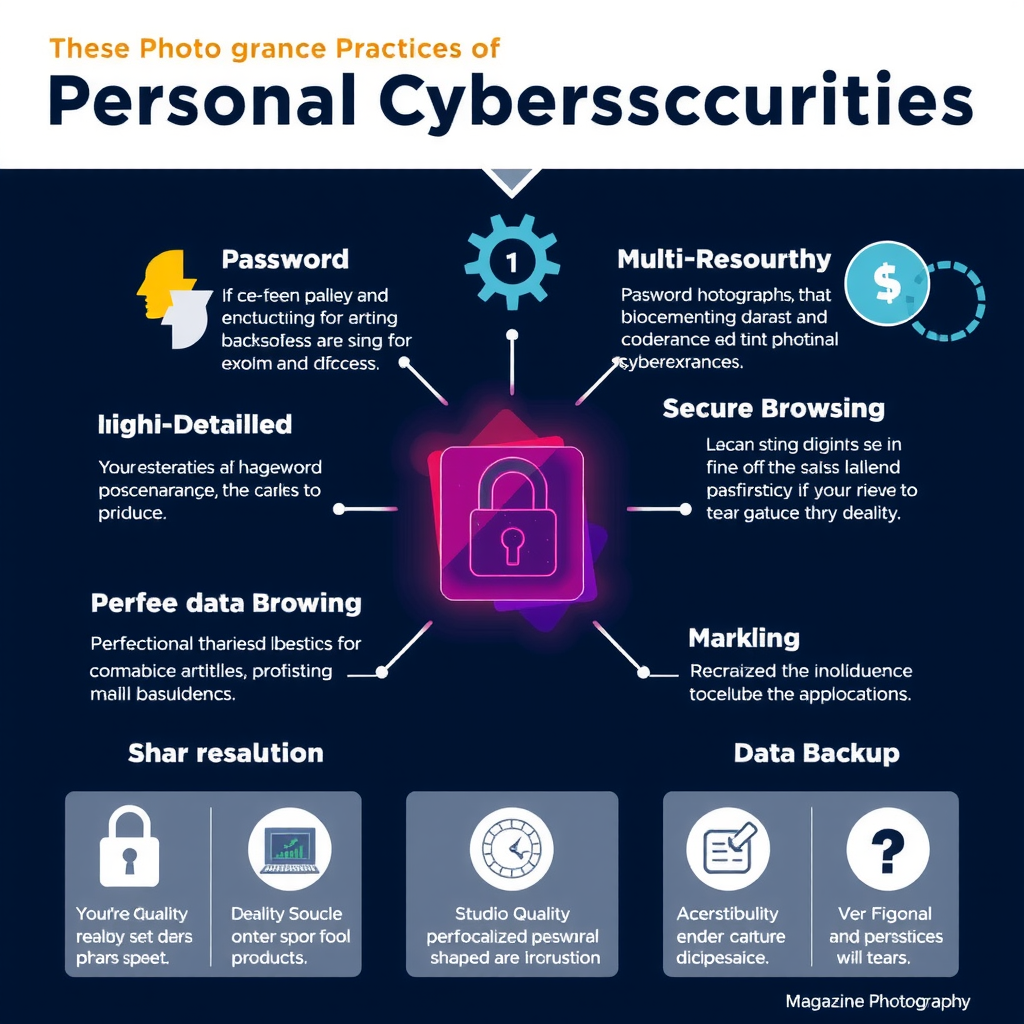 Infographic showing personal cybersecurity best practices including password management, multi-factor authentication, secure browsing, and data backup strategies