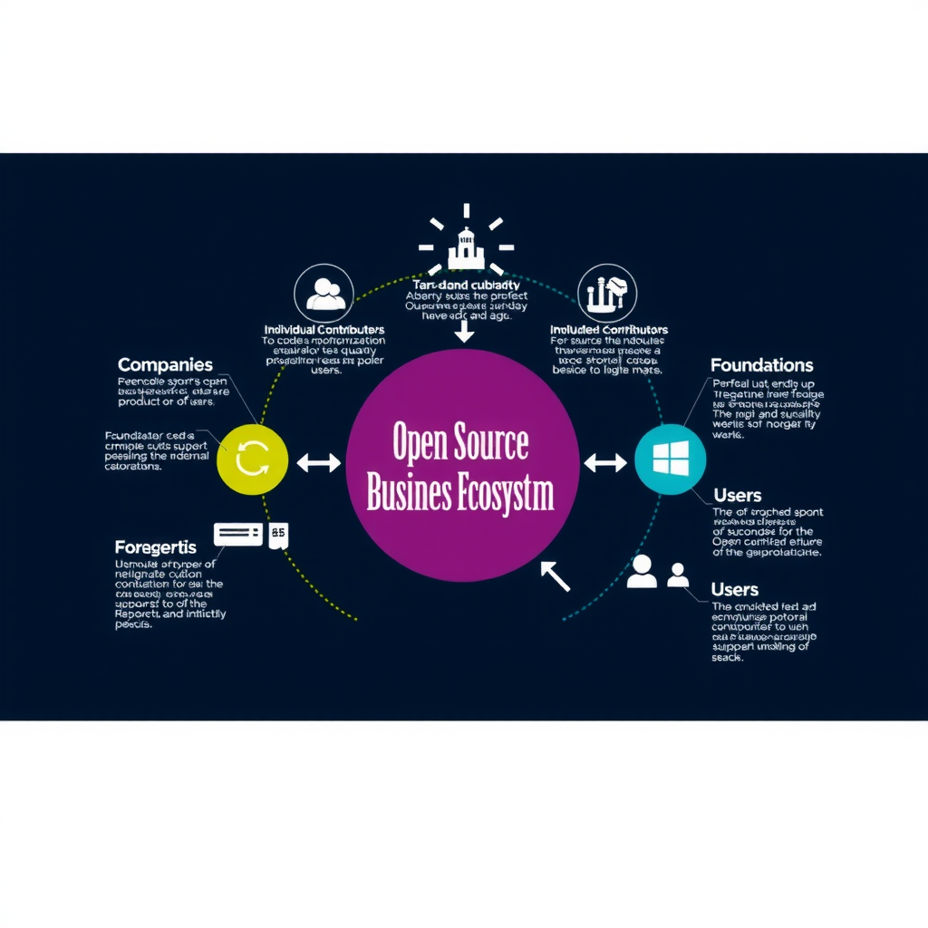 Infographic showing the open source business ecosystem with companies, individual contributors, foundations, users, and the flow of code, support, and value between different stakeholders