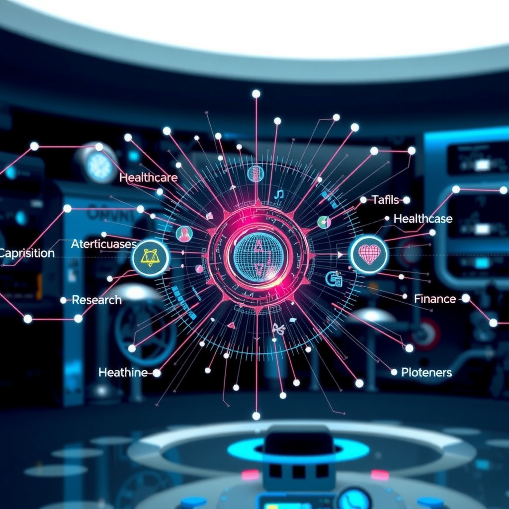 Futuristic concept image showing quantum computing integration into various industries including healthcare, and research, with interconnected networks and data streams