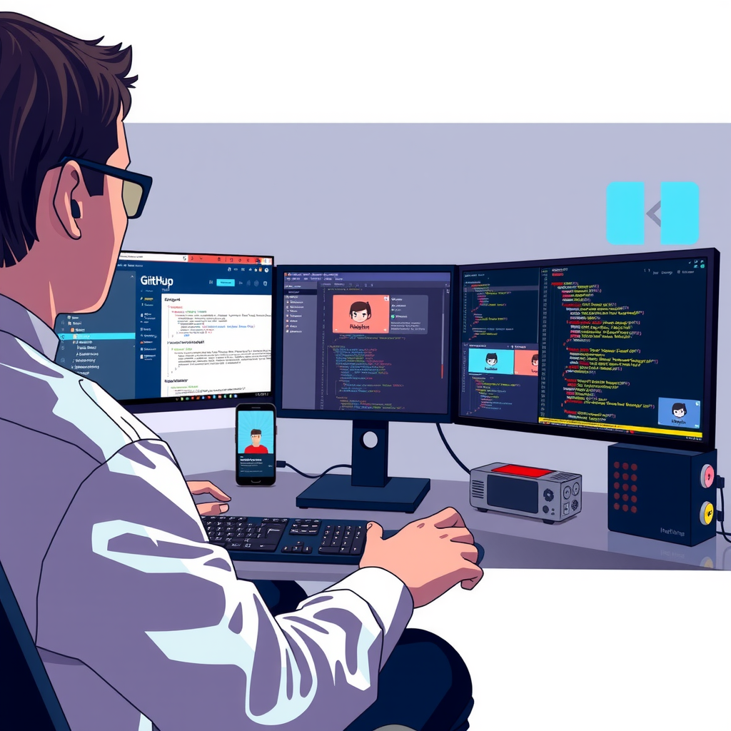 Illustration of a developer at a workstation with multiple screens showing code editor, GitHub interface, documentation, and communication tools, representing the modern open source contribution workflow